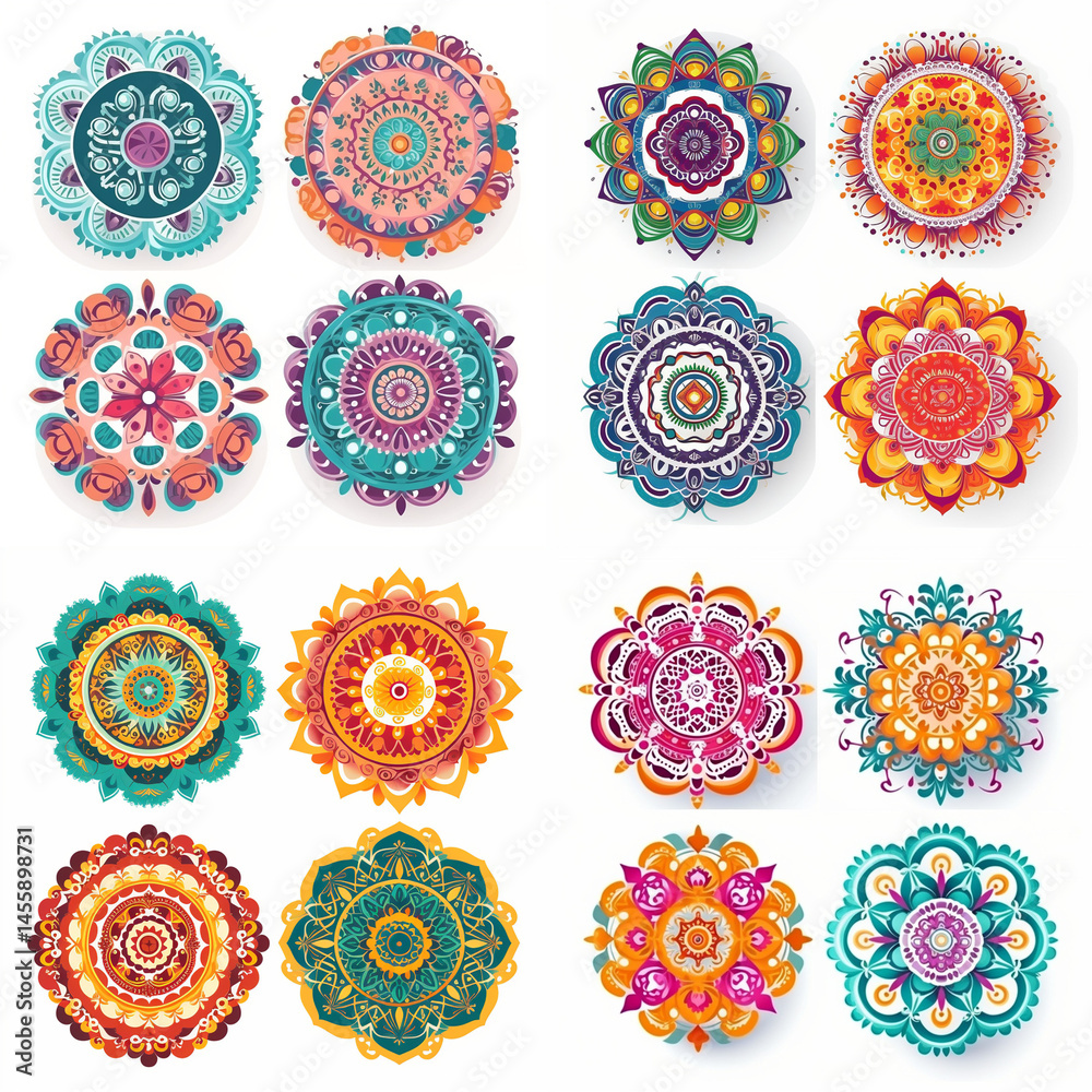 Collection of vibrant, decorative circular patterns. Collection of vibrant, decorative circular patterns.