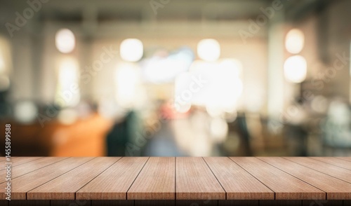Empty wooden table top with lights bokeh on blur restaurant background.
