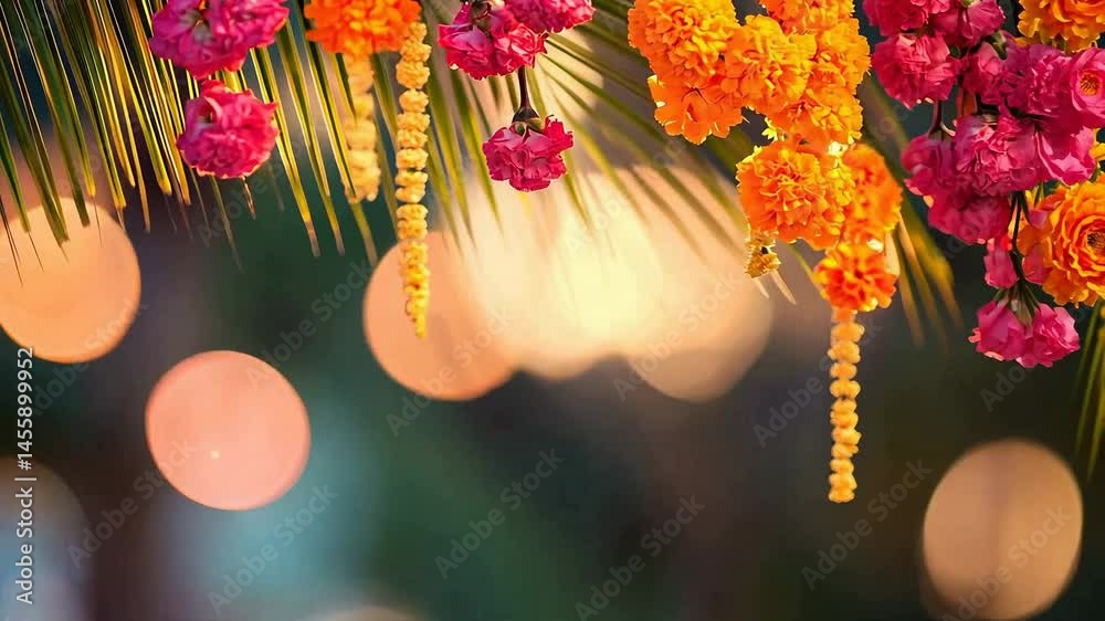 Palm leaves decorated with garlands of marigold flowers for indian celebration hanging at temple or home with copy space	