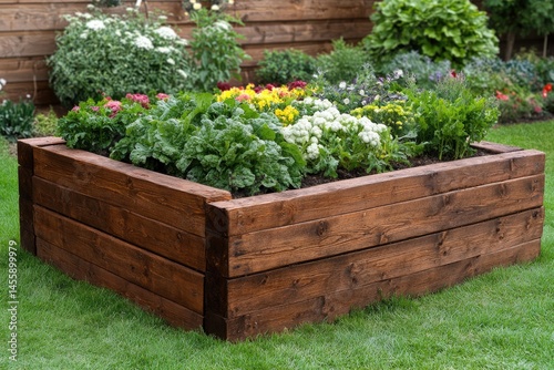Wooden raised garden bed filled with vibrant flowers and leafy greens.  A neatly constructed rectangular planter, resting on a grassy lawn, showcases a variety of colorful blooms and healthy foliage