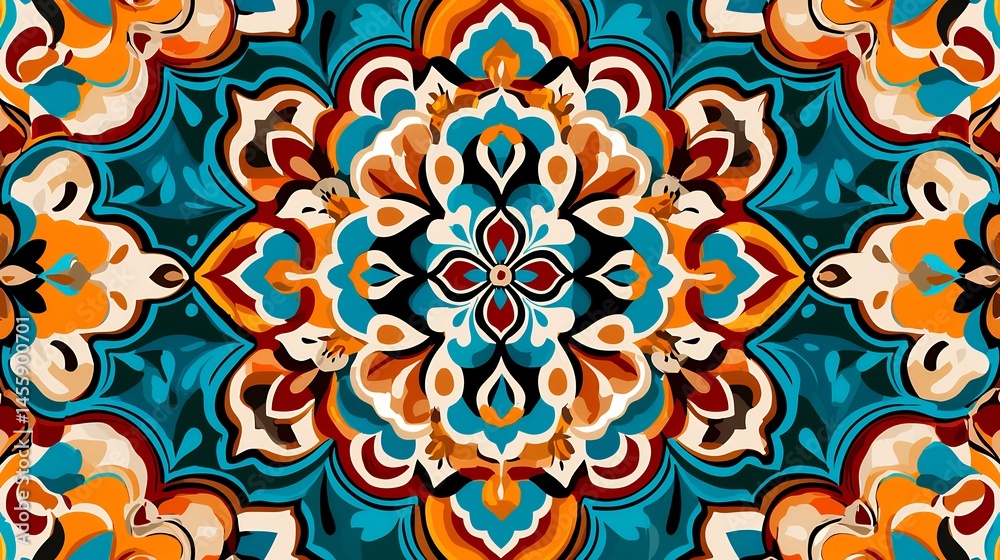 Fototapeta premium Intricate Teal Orange Brown Floral Geometric Textile Pattern