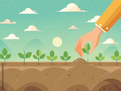 Illustration hand planting a seed into the soil, with sprouts starting to grow