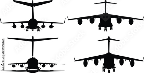 Transport Aircraft Silhouettes in Front View with Multiple Large Cargo Planes Featuring Jet Engines, Wings Spread, Black and White High Contrast Aviation Illustration
