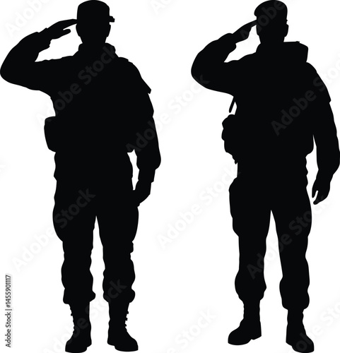 Military Silhouettes of Soldiers Standing in Salute with Bold Shadow Profiles and Patriotic Minimalist Black and White Art Representing Honor Duty and Symbolic Army Personnel Illustration