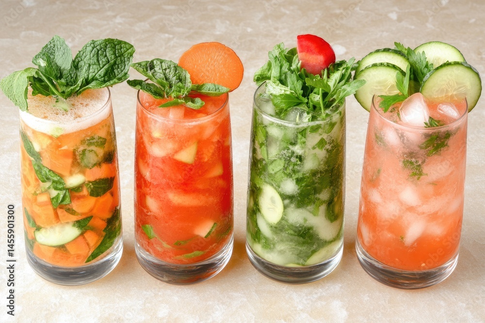 Four refreshing, colorful vegetable cocktails.
