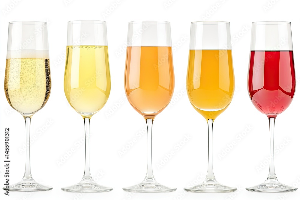Five stemmed glasses filled with different colored drinks, showcasing various beverages, including a sparkling wine and colorful fruit juices or cocktails.