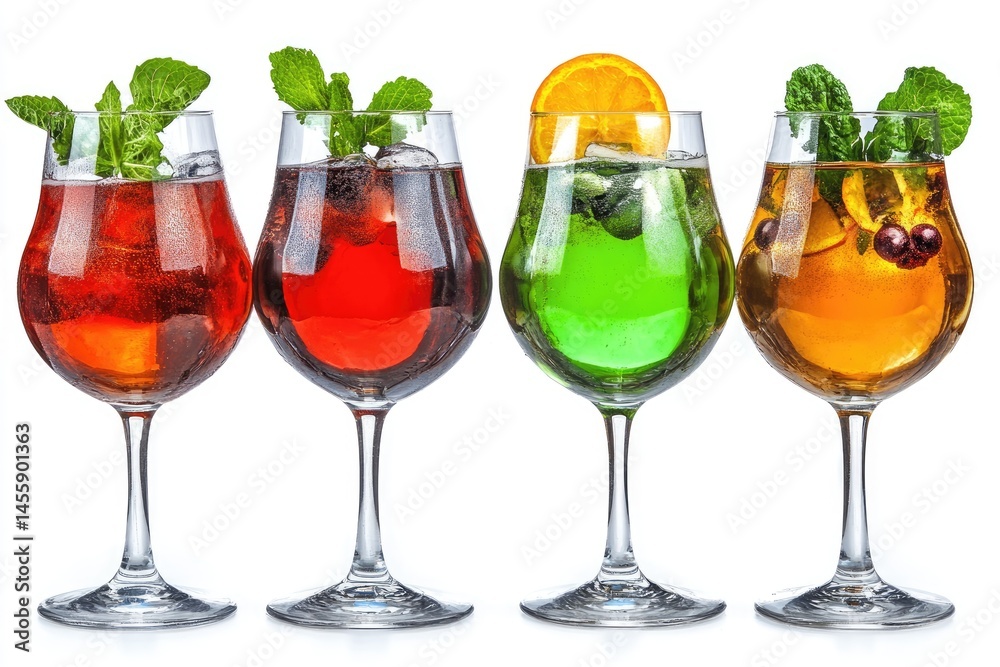 Four colorful cocktails in elegant glasses, garnished with fresh mint and citrus slices. Each drink displays a vibrant hue, showcasing ice and fruit pieces