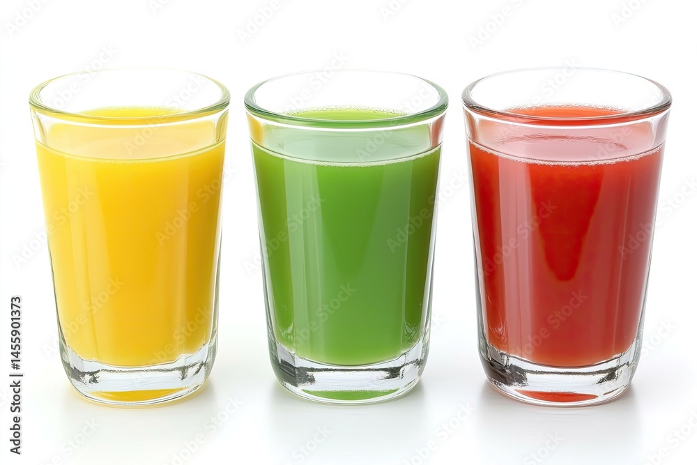 Three shot glasses of brightly colored juices. Yellow, green, and red juices sit in clear glasses against a white background. Each juice is vibrant and appears fresh
