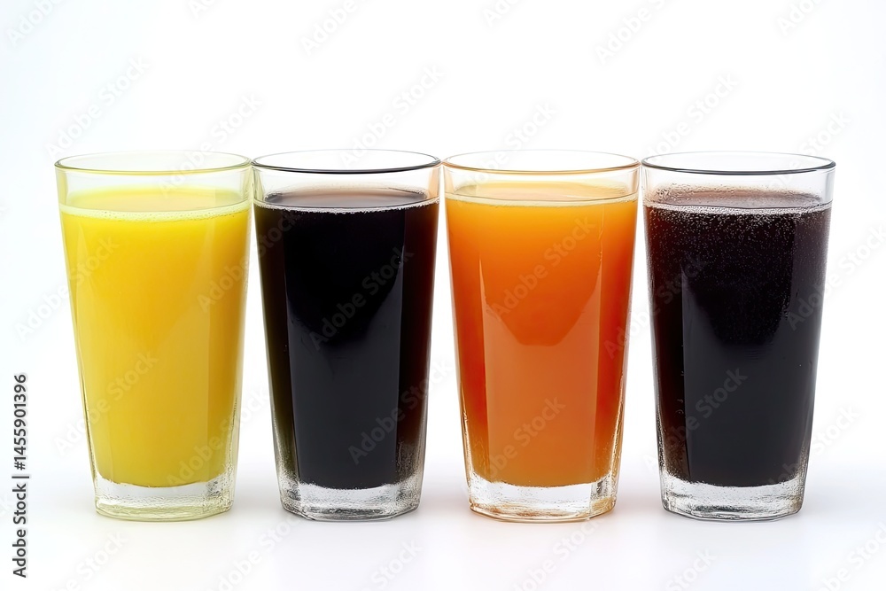 Four glasses of different juices and drinks. Each glass is filled with a liquid, featuring vibrant colors yellow, dark brown, orange, and dark brown-red.