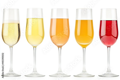 Obraz na płótnie Five stemmed glasses filled with different colored drinks, showcasing various beverages, including a sparkling wine and colorful fruit juices or cocktails. w salonie