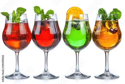 Obraz na płótnie Four colorful cocktails in elegant glasses, garnished with fresh mint and citrus slices. Each drink displays a vibrant hue, showcasing ice and fruit pieces w salonie