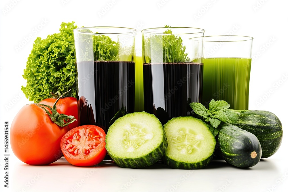 Healthy vegetable juices with fresh produce. Three glasses of dark and light green juices sit beside fresh vegetables like tomatoes, cucumber, and lettuce