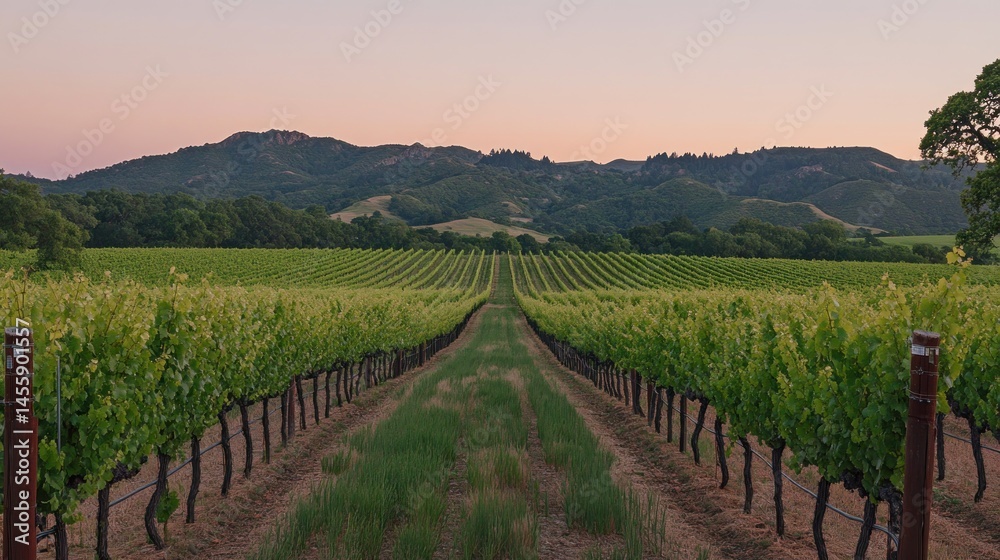 Fototapeta premium Vineyard sunset landscape green rows