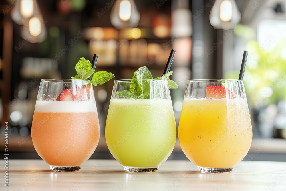 Three vibrant fruit smoothies in clear glasses, topped with fresh mint and strawberries, displayed on a light-colored bar counter, against a blurred background of a cafe