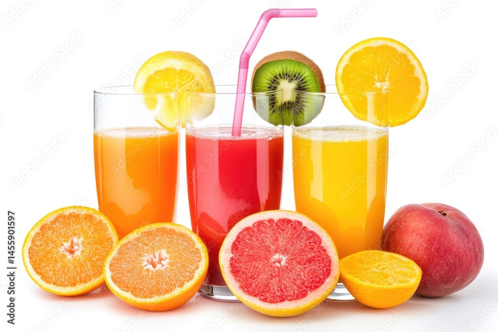 Three glasses of colorful fruit juice, garnished with fruit slices and a pink straw