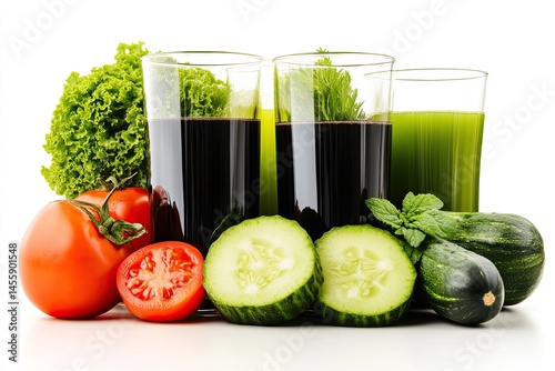 Obraz na płótnie Healthy vegetable juices with fresh produce. Three glasses of dark and light green juices sit beside fresh vegetables like tomatoes, cucumber, and lettuce w salonie