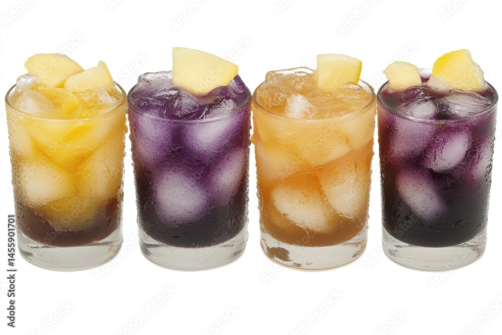 Four chilled drinks, differing colors, topped with apple slices and ice. Each glass has a different colored liquid