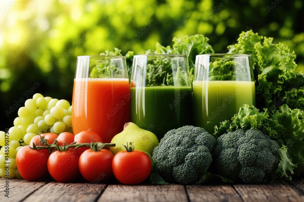 Three colorful juices in glass tumblers, surrounded by fresh fruits and vegetables, showcasing a healthy and vibrant lifestyle.