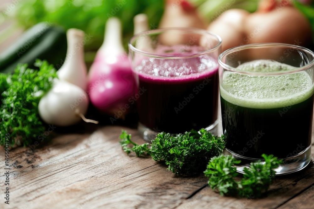 Two glasses of vibrant juices, red and green, sit on a rustic wooden surface amidst fresh produce, suggesting a healthy, vibrant lifestyle