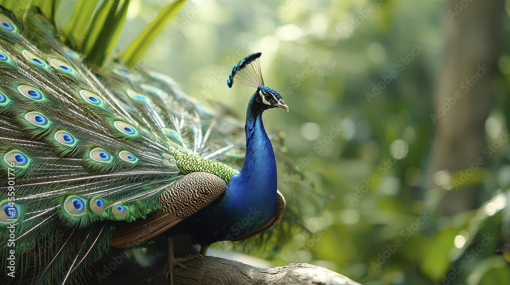 Obraz premium vibrant peacock displaying its colorful feathers in lush environment, showcasing nature beauty and elegance