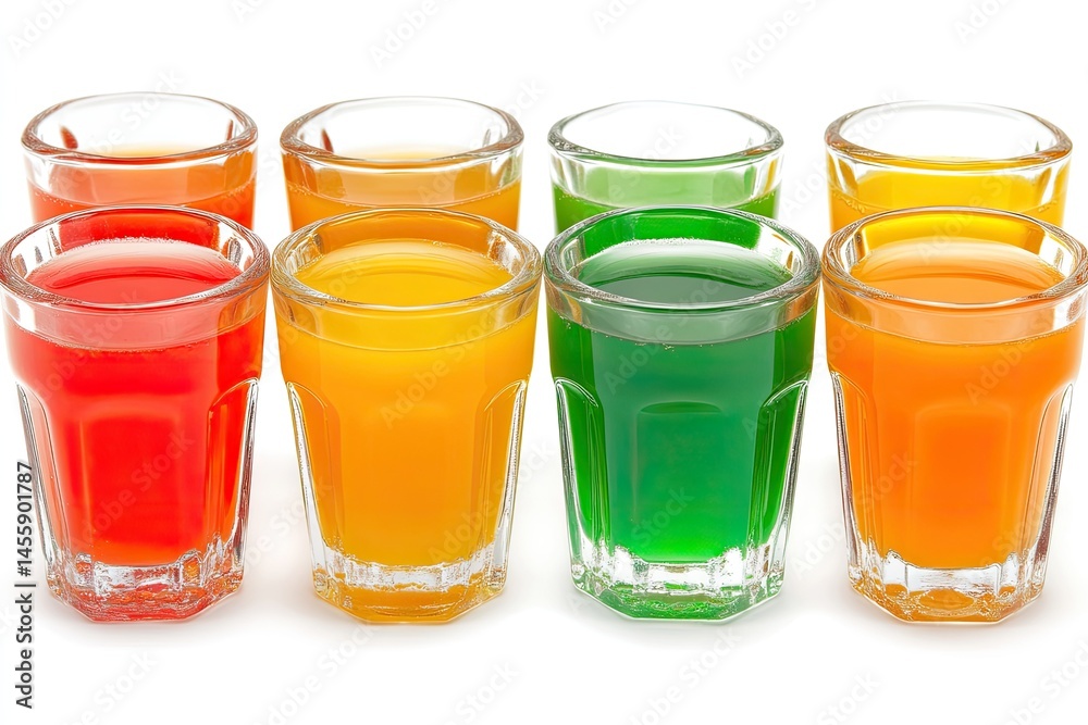 Colorful shot glasses filled with different fruit juices. Small, clear glasses arranged in a row, showcasing various vibrant hues of fruit drinks.