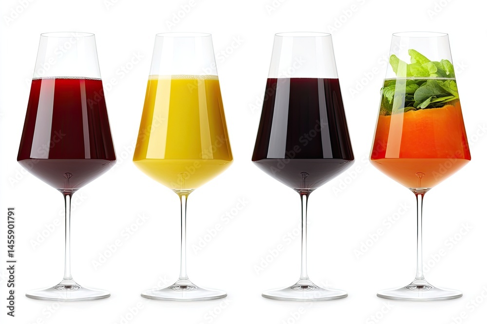 Four vibrant juice glasses showcasing different fruit and vegetable combinations.