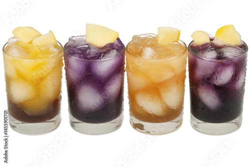 Obraz na płótnie Four chilled drinks, differing colors, topped with apple slices and ice. Each glass has a different colored liquid w salonie