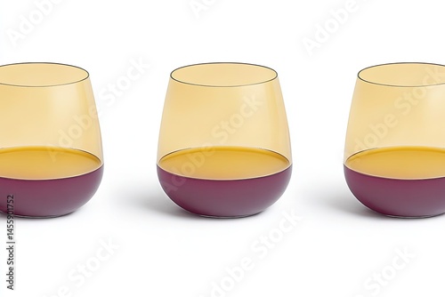 Obraz na płótnie Three round glass tumblers, amber-colored at the top, and deep burgundy at the bottom, showcasing a liquid inside w salonie