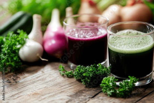 Obraz na płótnie Two glasses of vibrant juices, red and green, sit on a rustic wooden surface amidst fresh produce, suggesting a healthy, vibrant lifestyle w salonie