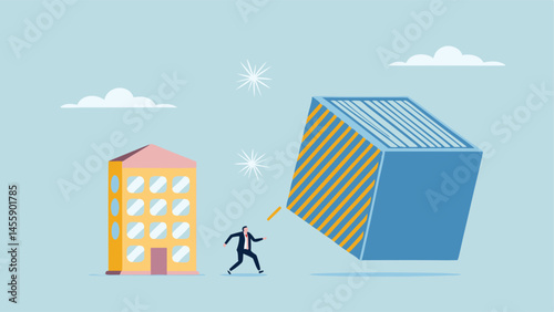 Businessman escaping falling building dramatic flat design blue and yellow tones