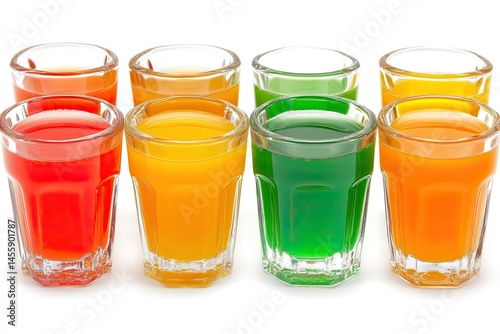 Colorful shot glasses filled with different fruit juices.  Small, clear glasses arranged in a row, showcasing various vibrant hues of fruit drinks. 