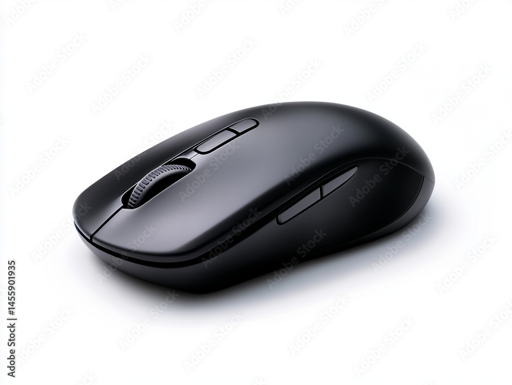 Black wireless mouse, isolated on white background, computer accessory. Black wireless mouse, isolated on white background, computer accessory.