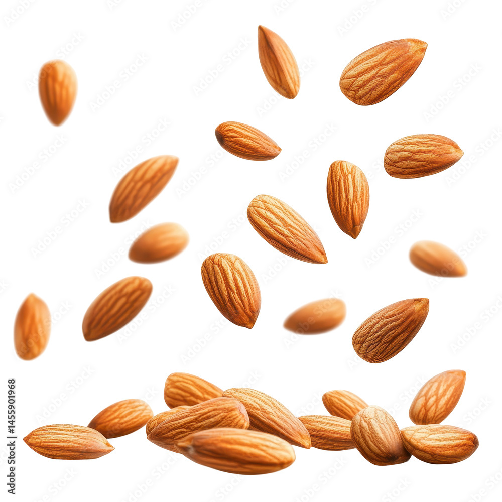 Almonds falling gracefully from above, showcasing their natural texture and shape in a bright setting Almonds falling gracefully from above, showcasing their natural texture and shape in a bright setting