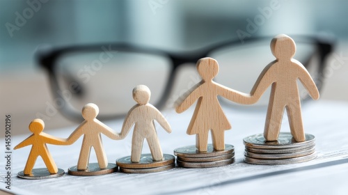 Wooden family figurines standing on stacks of coins symbolizing family insurance, financial planning and support across generations ideal for life insurance visuals and wealth protection