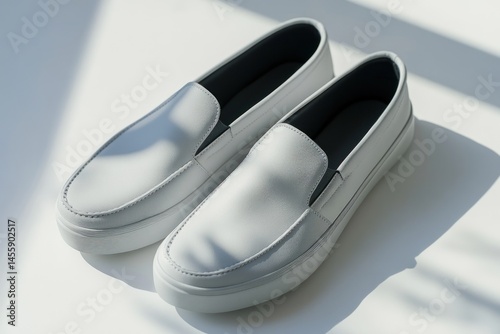 Minimalist slip-on shoes in light gray, photorealistic