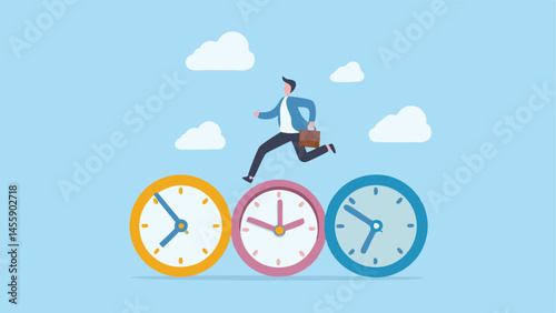 Businessman leaps over time clocks conquering deadlines achieving success 