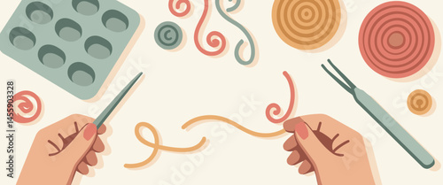 hands crafting colorful thread art with scissors and needles