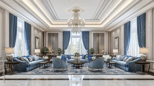 Luxurious, spacious living room with elegant blue accents.  Large windows showcasing a garden view.  Ornate ceiling details and a crystal chandelier
