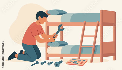 handyman repairing bunk bed with tools