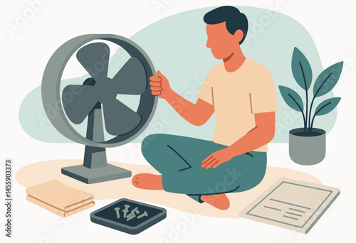 handson tech support man fixing fan with tablet