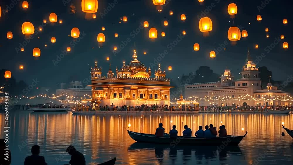 Floating boats with golden temple at night during Diwali festival with floating lanterns