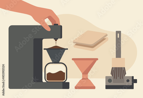 handcrafting coffee with espresso machine, grinder, and pour over  illustrative guide