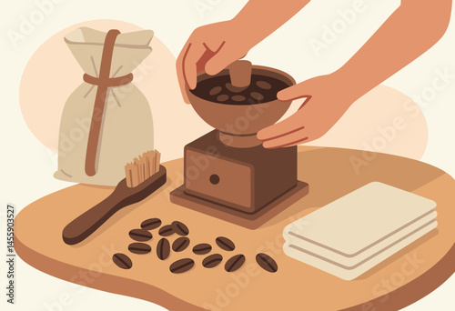 hand grinding coffee beans on wooden table with brown bag and bowl