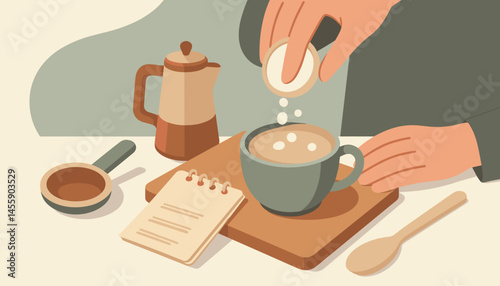 handcrafted coffee preparation with sugar and milk  illustrated cooking scene