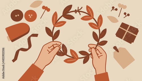 handcrafted decorations with autumn leaves  seasonal gift idea illustration