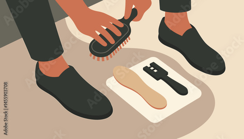 hands cleaning shoes with brush and tools