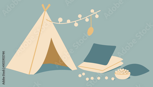 camping adventure illustration with teepee, campfire, and outdoor supplies