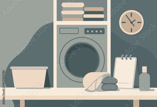 laundry room illustration with washing machine, detergent, clock, and checklist