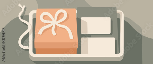 gift wrapping box with orange ribbon on tablet screen