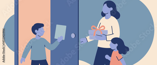 family gift exchange  colorful illustration of children receiving presents from parents